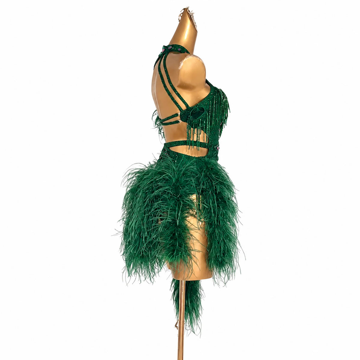 Custom Green Feather Halter Latin Dance Dress with Rhinestones
