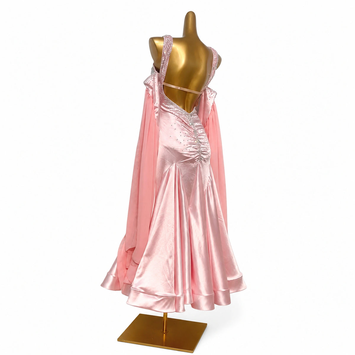 Custom Pink Satin Ballroom Competition Dress with Rhinestones
