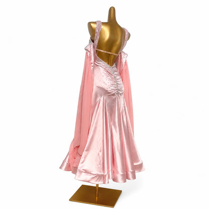 Custom Pink Satin Ballroom Competition Dress with Rhinestones