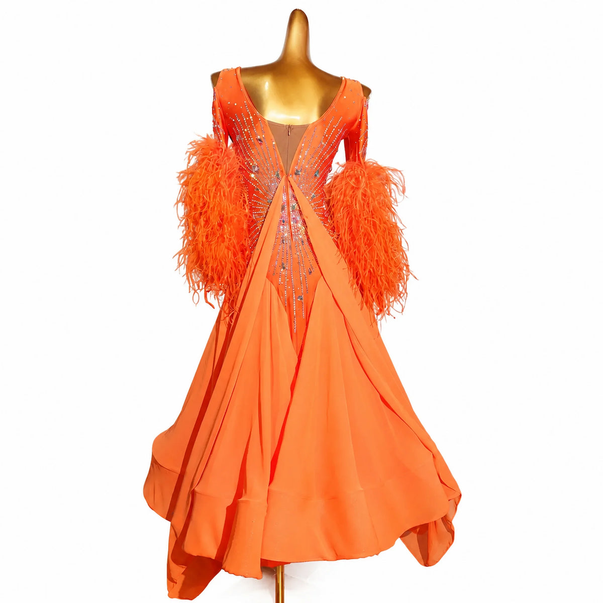 Customizable Feather Sleeve Crystal Ballroom Dance Competition Dress