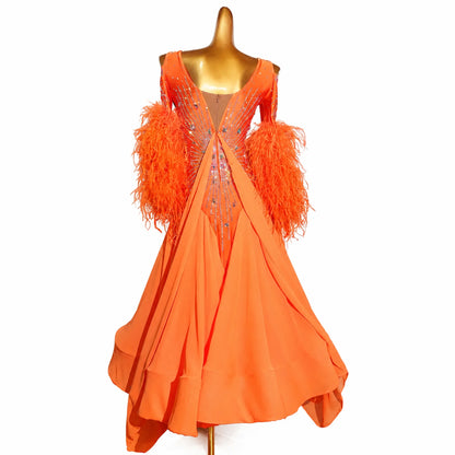 Customizable Feather Sleeve Crystal Ballroom Dance Competition Dress