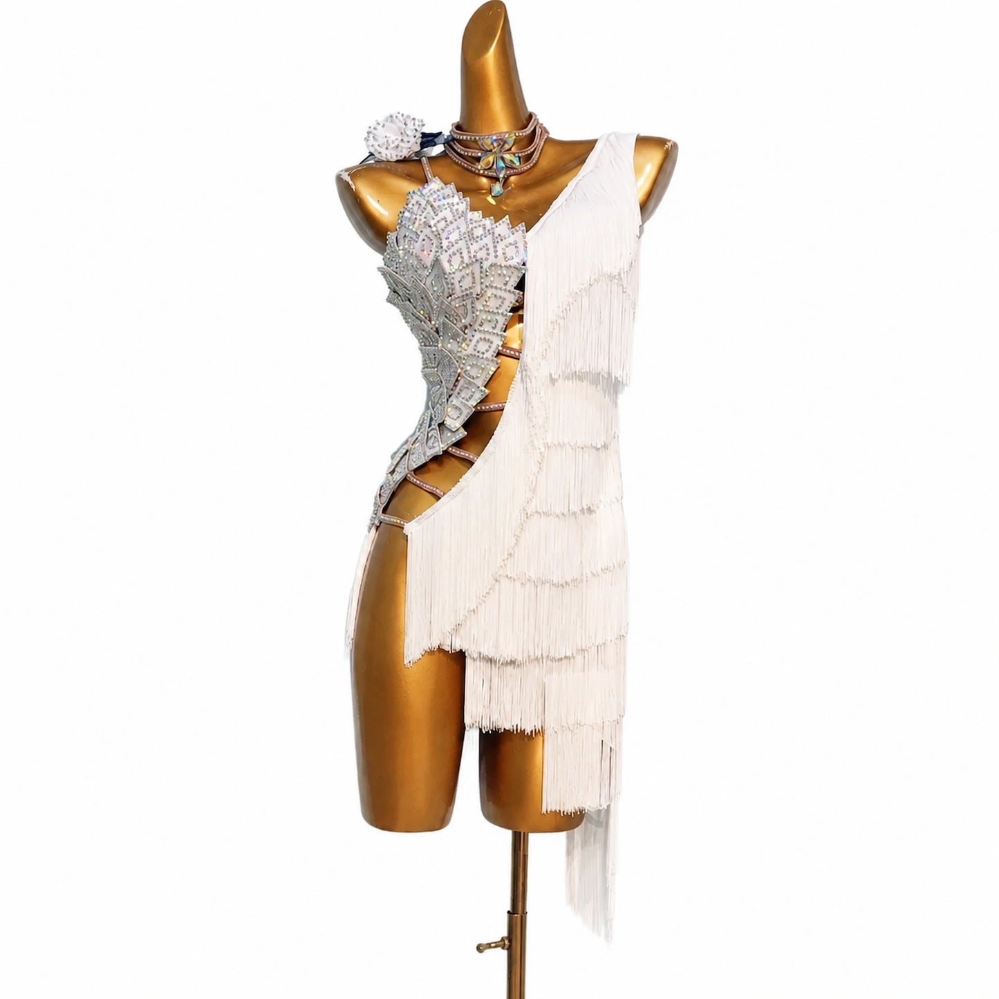 Custom White Geometric Rhinestone Fringe Latin Competition Dress