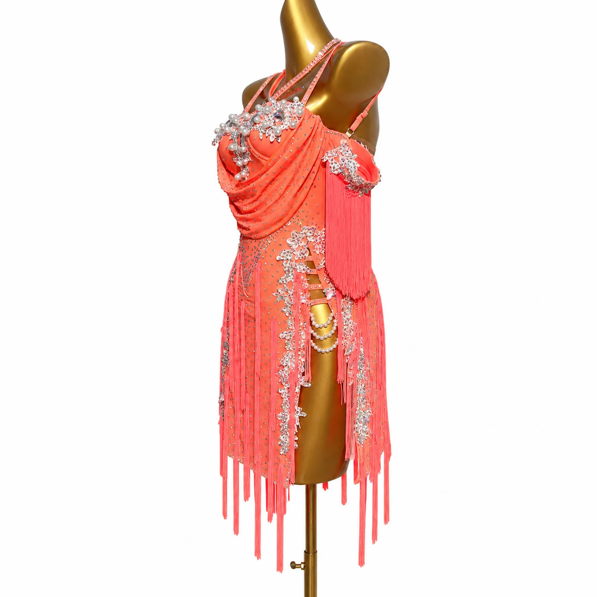 Custom Coral Draped Floral Stone Fringe Latin Competition Dress