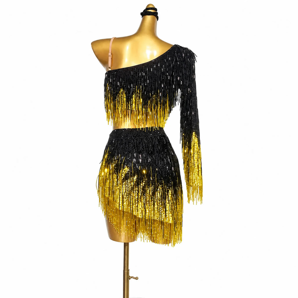 Customizable Gradient Black & Yellow Fringe Two-Piece Latin Dress