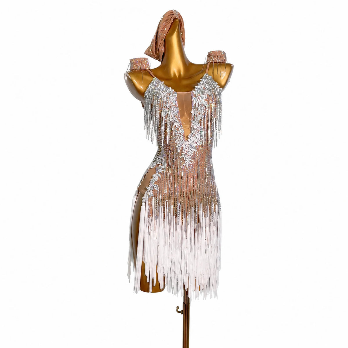Custom Nude Ombre Crystal Fringe Latin Dance Dress