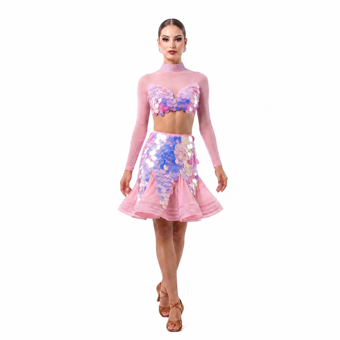 Custom Pink Paillette Long Sleeve Latin Dance Competition Dress