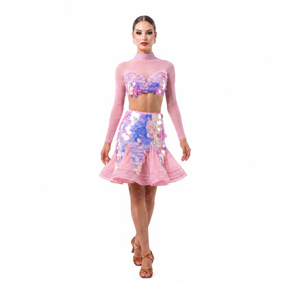 Custom Pink Paillette Long Sleeve Latin Dance Competition Dress