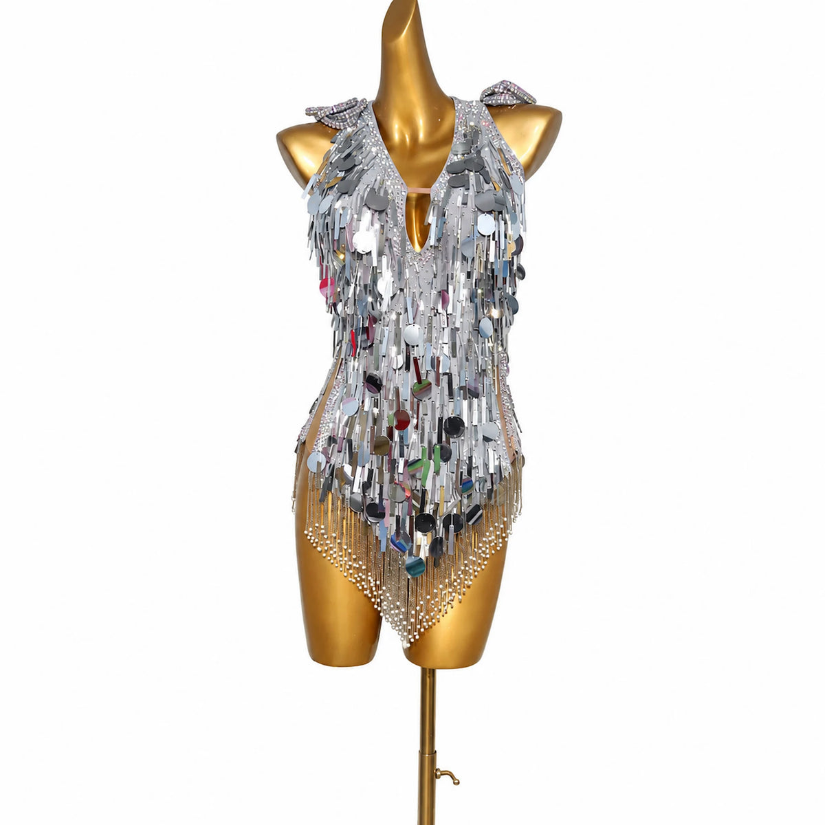 Custom Silver Sequin Fringe Latin Competition Dress