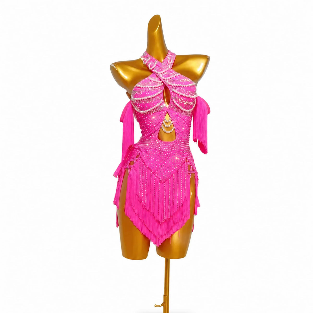 Custom Magenta Pearl Crystal Fringe Latin Competition Dress