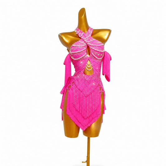 Custom Magenta Pearl Crystal Fringe Latin Competition Dress
