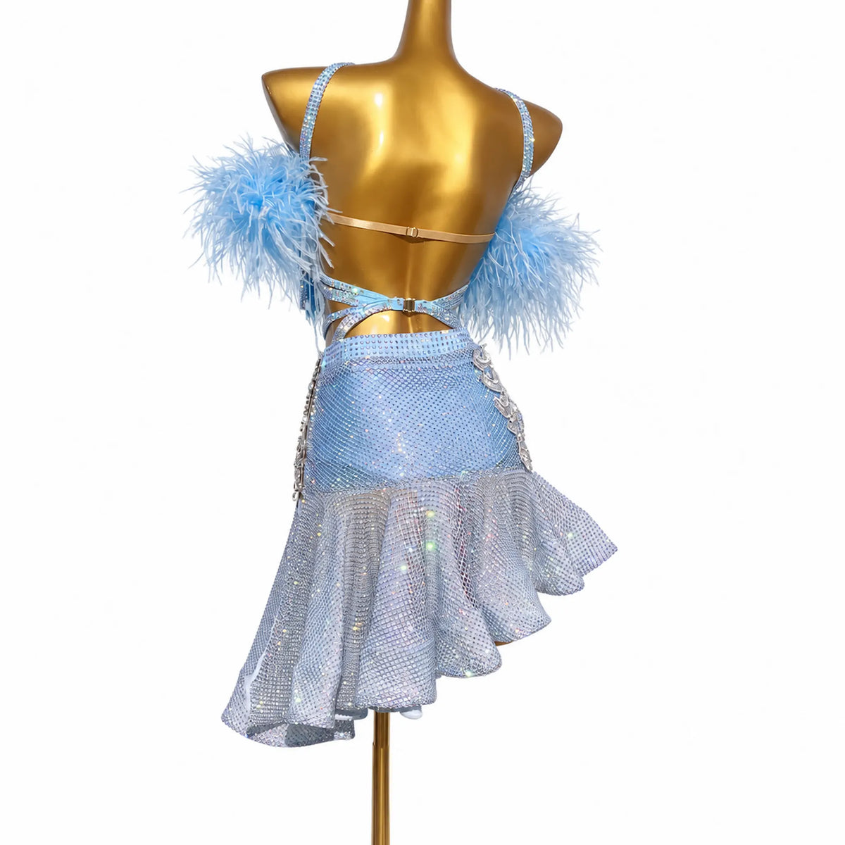 Custom Blue Feather Crystal Tassel Latin Dance Competition Dress