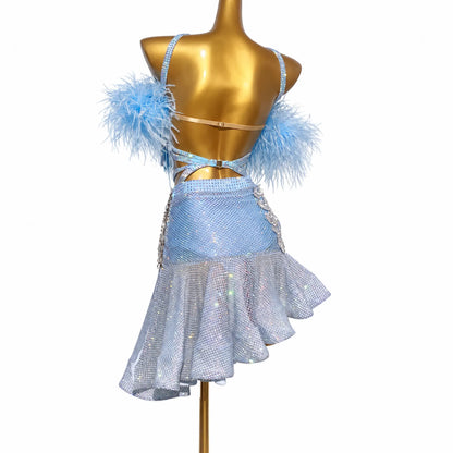 Custom Blue Feather Crystal Tassel Latin Dance Competition Dress