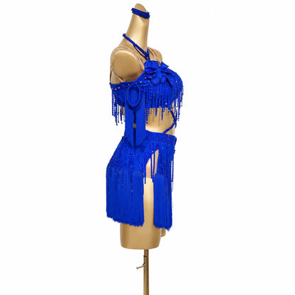 Custom Royal Blue Crisscross Floral Fringe Latin Competition Dress