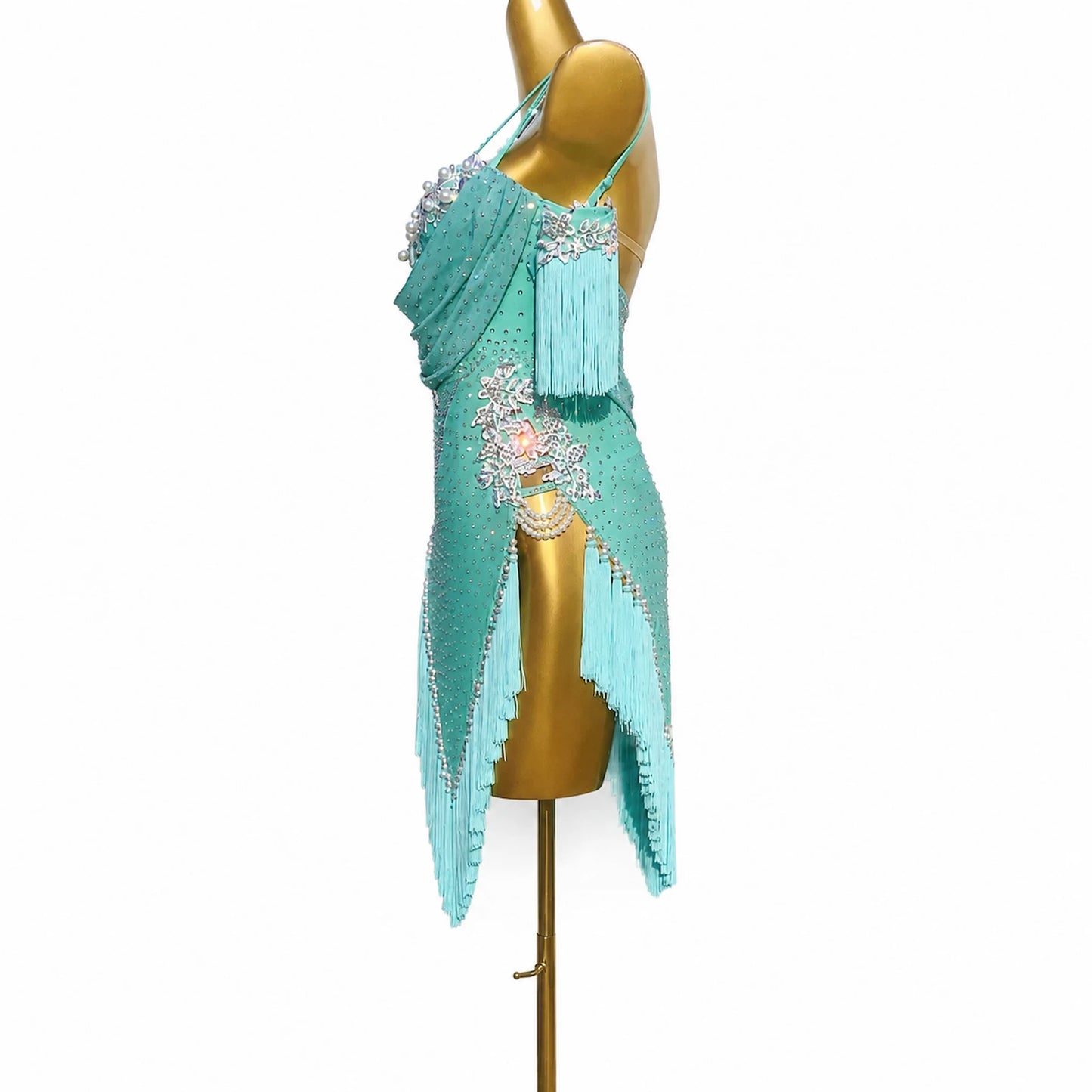 Custom Turquoise Off Shoulder Pearl Rhinestone Fringe Latin Competition Dress