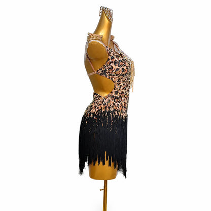 Custom Leopard Print Fringe Latin Dance Competition Dress