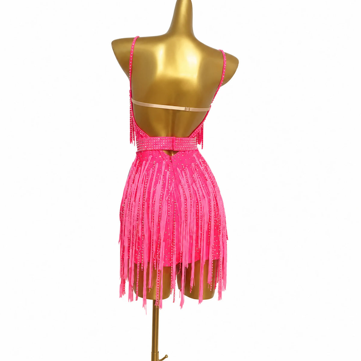 Custom Hot Pink Spaghetti Strap Stone Fringe Latin Competition Dress