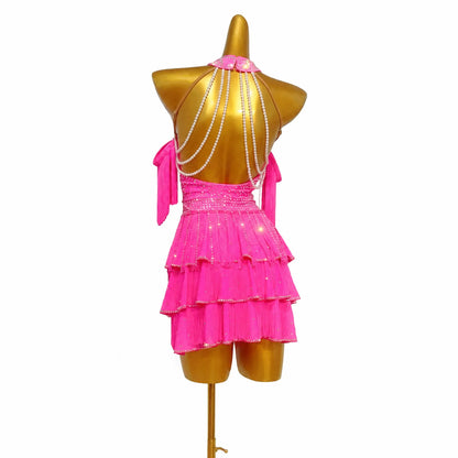 Custom Magenta Pearl Crystal Fringe Latin Competition Dress