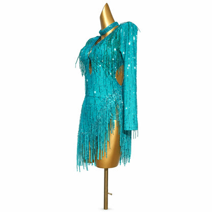 Custom Turquoise Fringe Latin Competition Dress