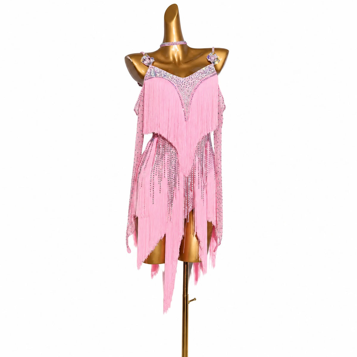 Custom Dynamic Pink Fringe Latin Competition Dress