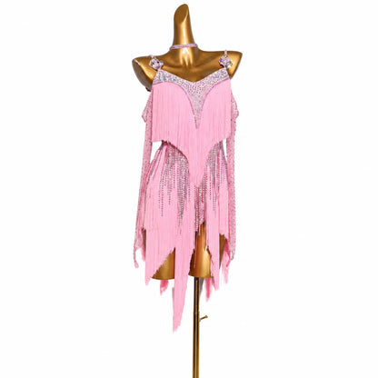 Custom Dynamic Pink Fringe Latin Competition Dress