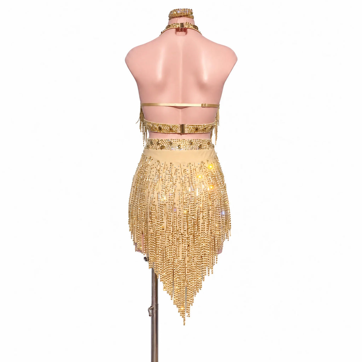 Custom Champagne Gold Halter Fringe Latin Competition Dress with Cutout
