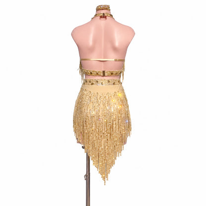 Custom Champagne Gold Halter Fringe Latin Competition Dress with Cutout