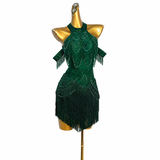 Custom Dark Green Halter Rhinestone Fringe Latin Competition Dress