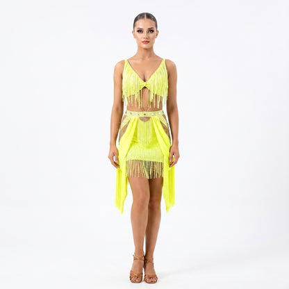 Custom Yellow Fringe Cutout Latin Competition Dress