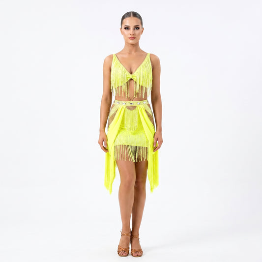 Custom Yellow Fringe Cutout Latin Competition Dress