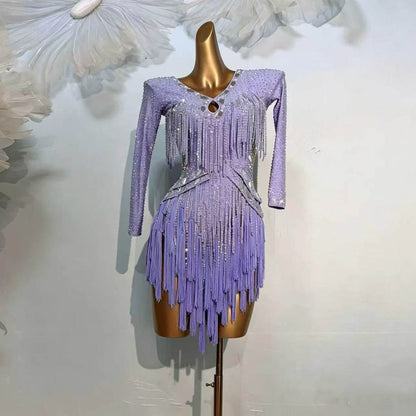 Customizable Lilac Sparkle Fringe Latin Performance Dress