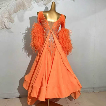 Customizable Feather Sleeve Crystal Ballroom Dance Competition Dress