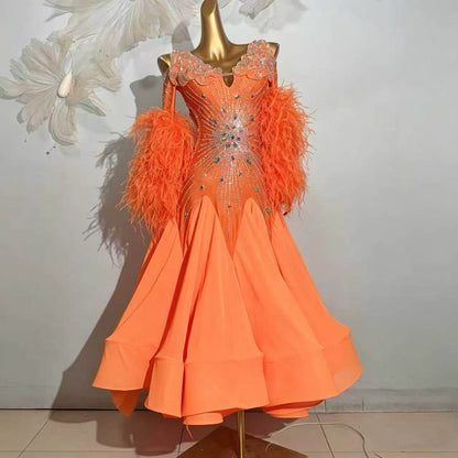 Customizable Feather Sleeve Crystal Ballroom Dance Competition Dress