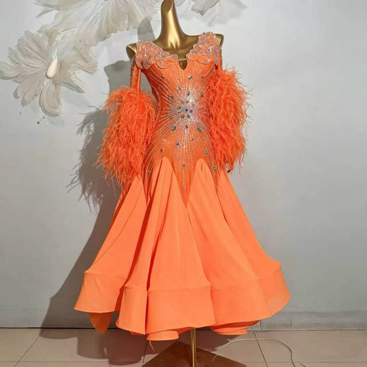 Customizable Feather Sleeve Crystal Ballroom Dance Competition Dress