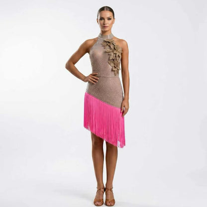 Custom Champagne Pink Fringe Halter Latin Competition Dress