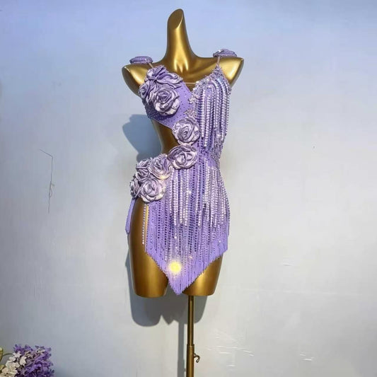 Customizable Lavender Floral Crystal Fringe Latin Competition Dress