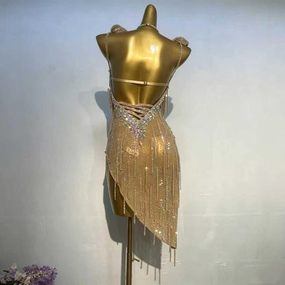 Customizable Gold Champagne Crystal Fringe Latin Dance Competition Dress