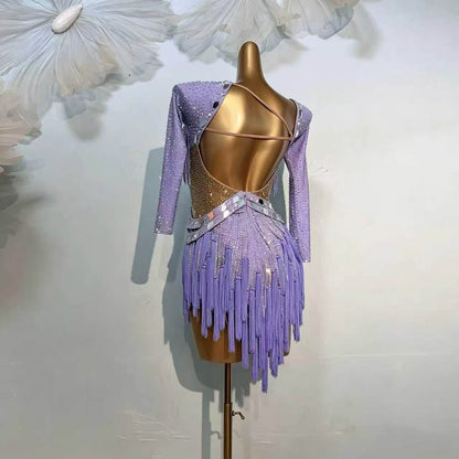 Customizable Lilac Sparkle Fringe Latin Performance Dress