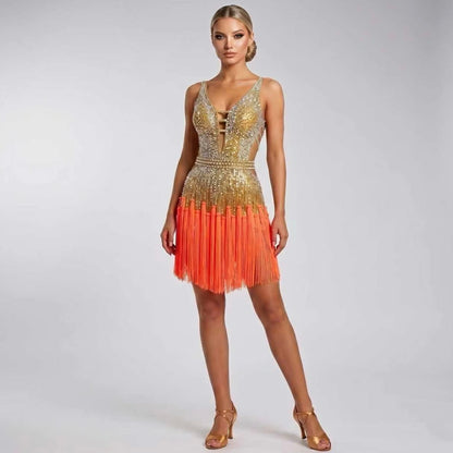 Custom Gold Orange Ombre Fringe Latin Competition Dress