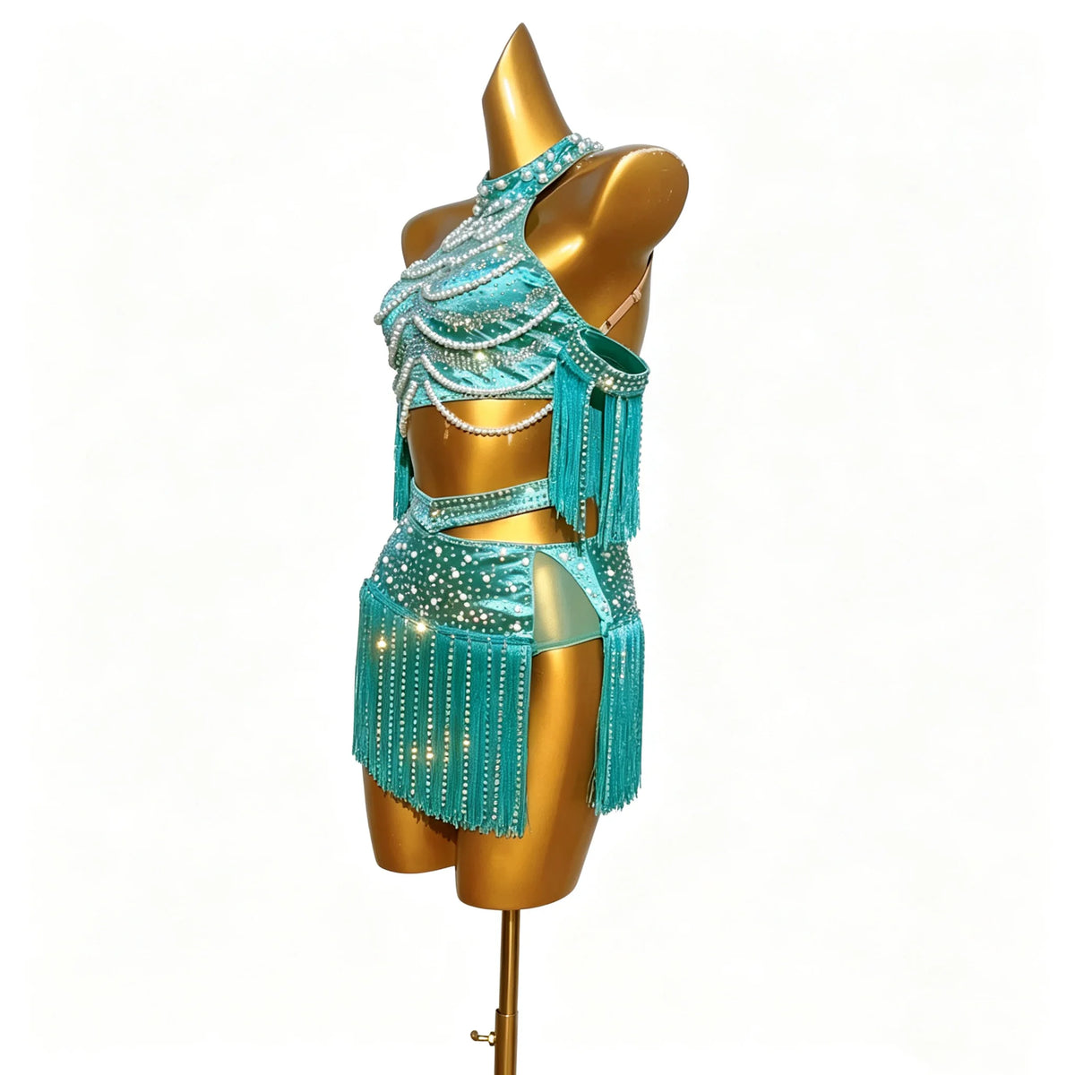 Custom Teal Pearl-Embellished Crystal Fringe Latin Dance Dress