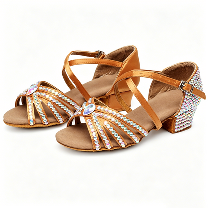 AB Rhinestone Block Heel Satin Latin Dance Shoes