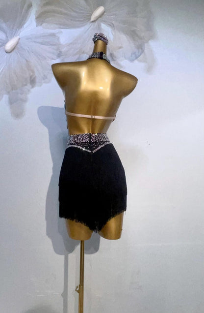 Custom Black Halter Rhinestone Fringe Latin Dance Competition Dress