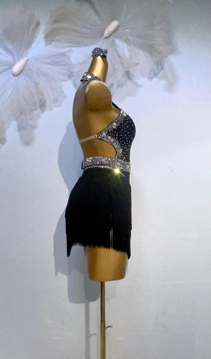 Custom Black Halter Rhinestone Fringe Latin Dance Competition Dress