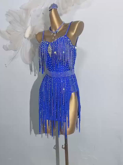 Customizable Sapphire Crystal Fringe Latin Competition Dress