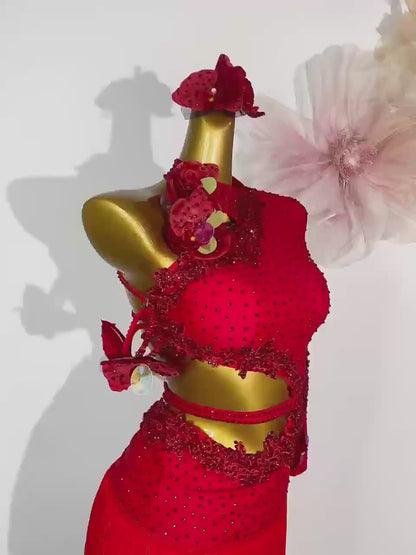 Custom One-Shoulder Rhinestone Red Latin Performance Dress