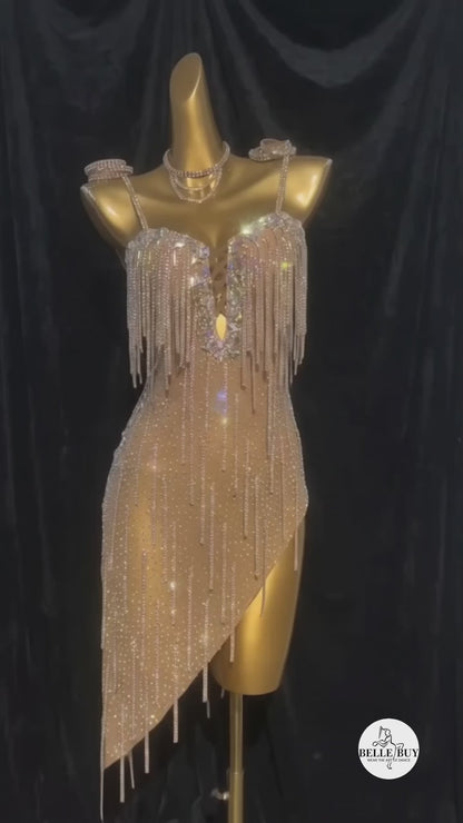 Customizable Gold Champagne Crystal Fringe Latin Dance Competition Dress