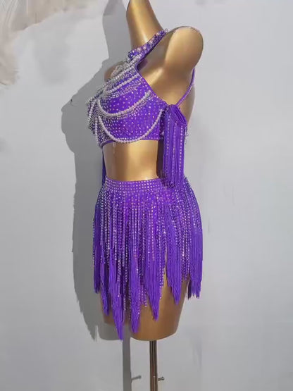 Custom Purple Rhinestone Fringe Two-Piece Latin Competition Dress