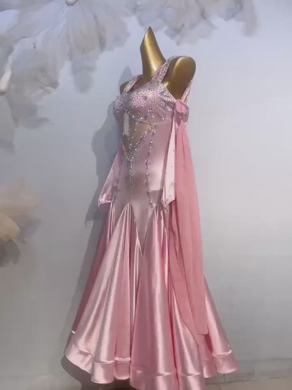 Custom Pink Satin Ballroom Competition Dress with Rhinestones