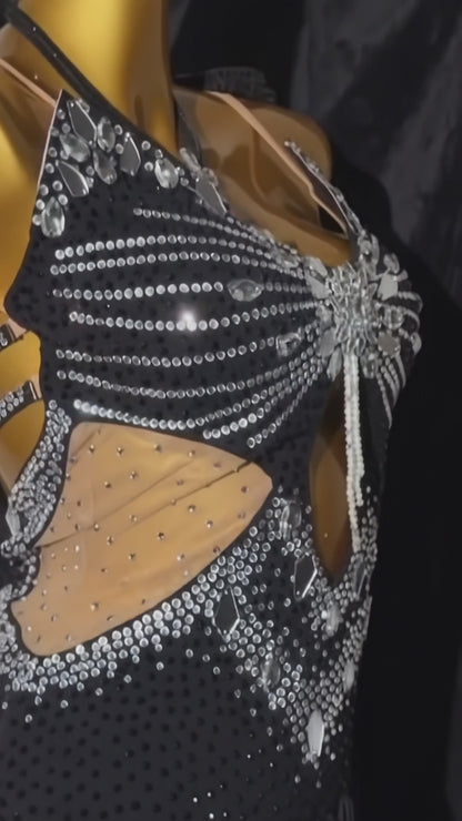 Custom Black Sheer Mesh Stone Fringe Latin Competition Dress
