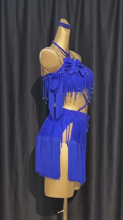 Custom Royal Blue Crisscross Floral Fringe Latin Competition Dress
