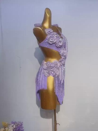 Customizable Lavender Floral Crystal Fringe Latin Competition Dress